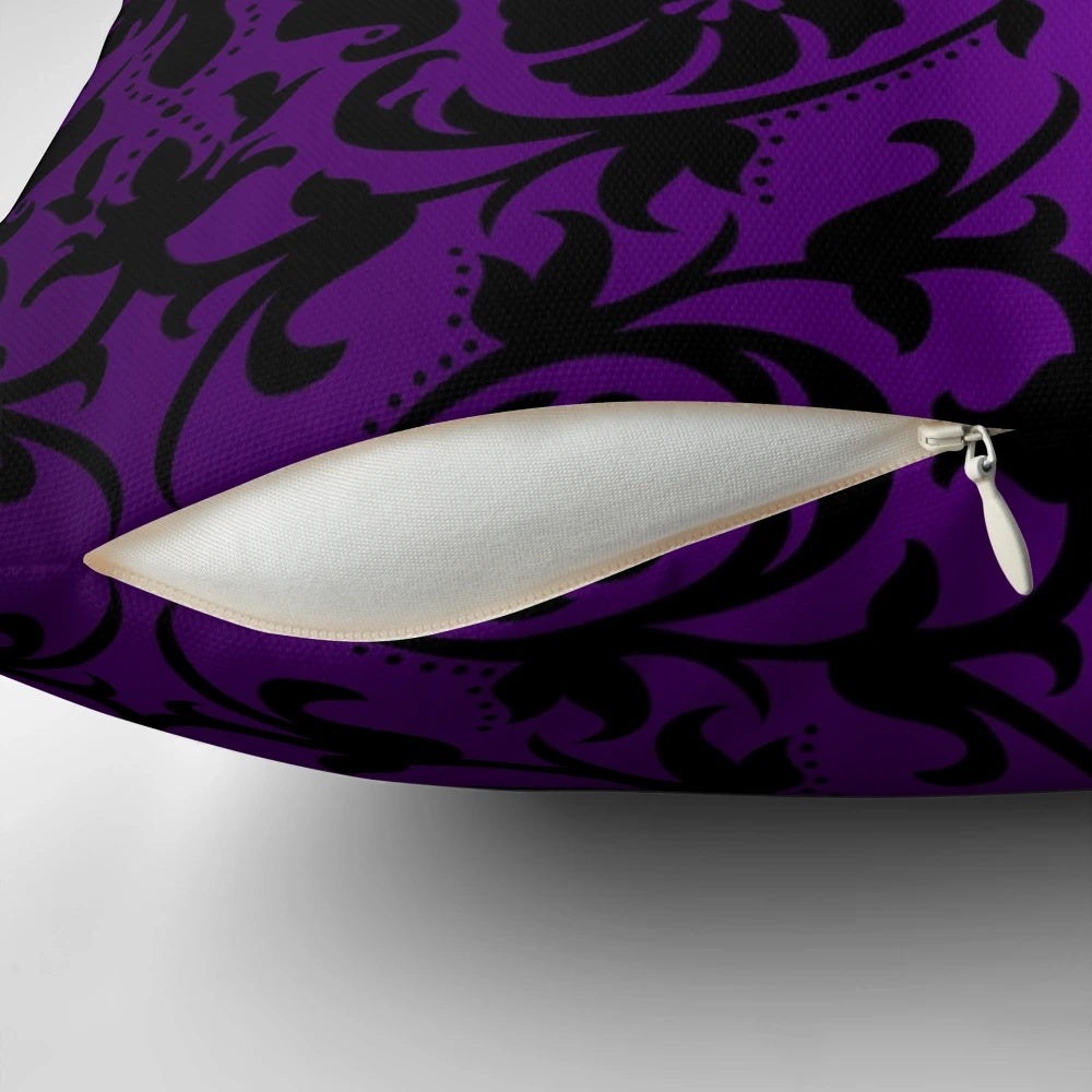 Purple and black damask pattern decorative throw pillow for modern home decor