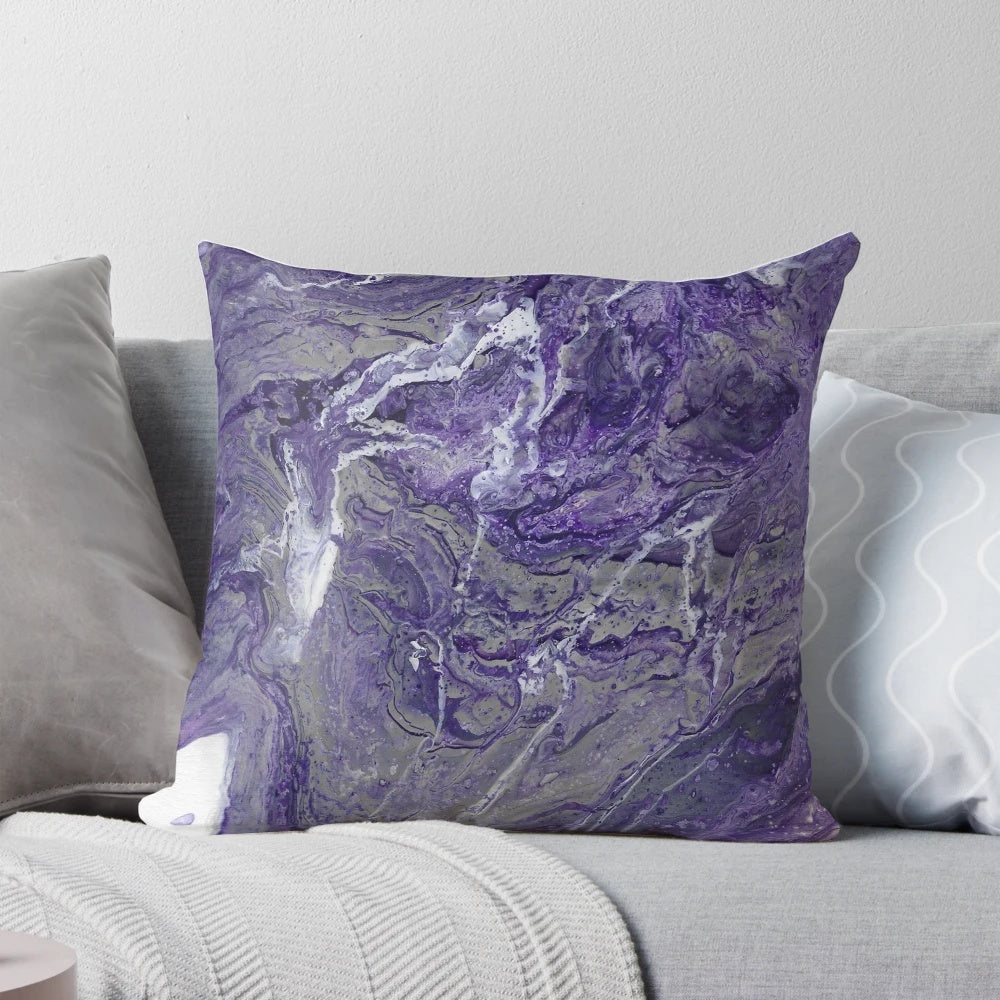 A beautiful purple and grey marble-patterned throw pillow with a fluid, abstract design, perfect for modern home decor.