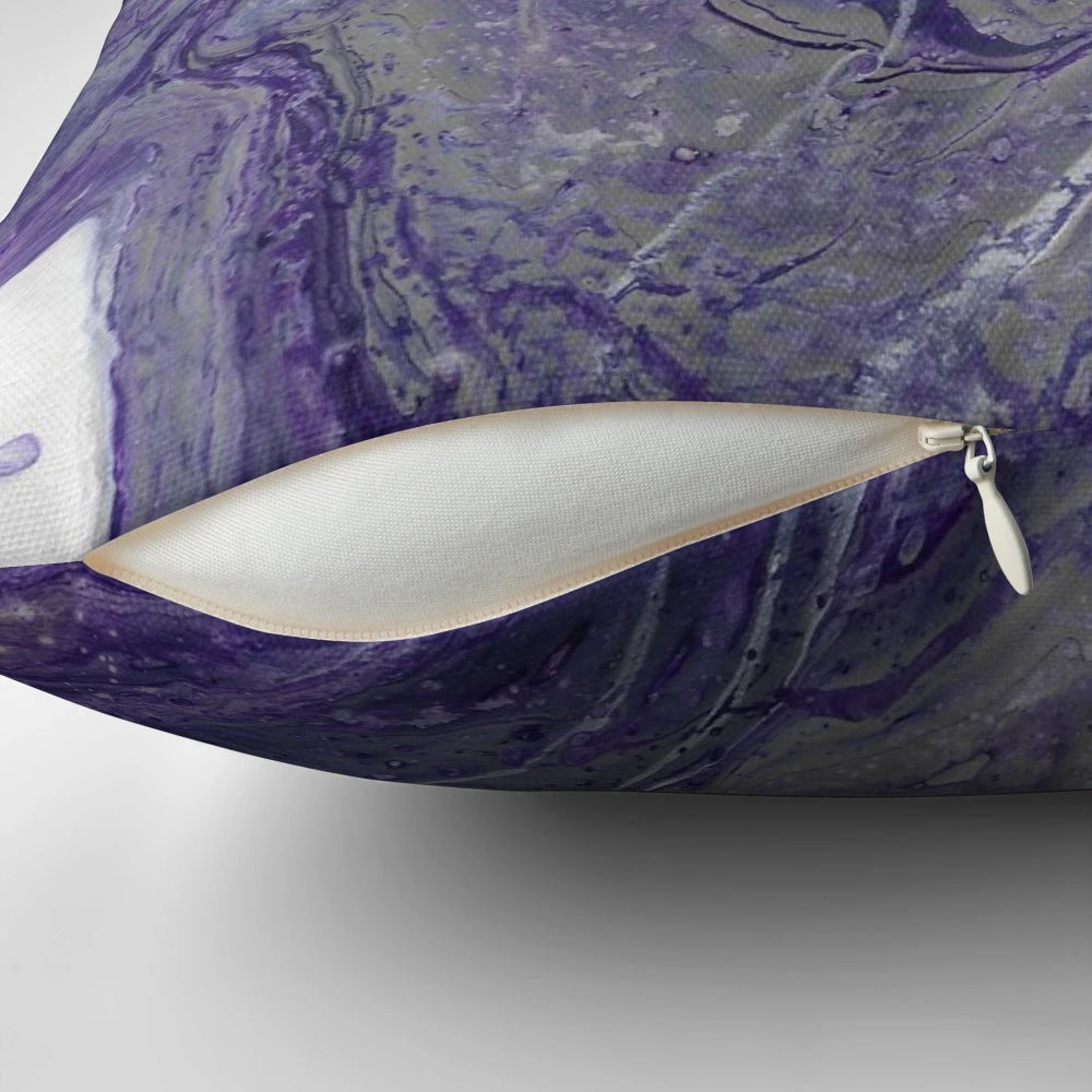 A beautiful purple and grey marble-patterned throw pillow with a fluid, abstract design, perfect for modern home decor.