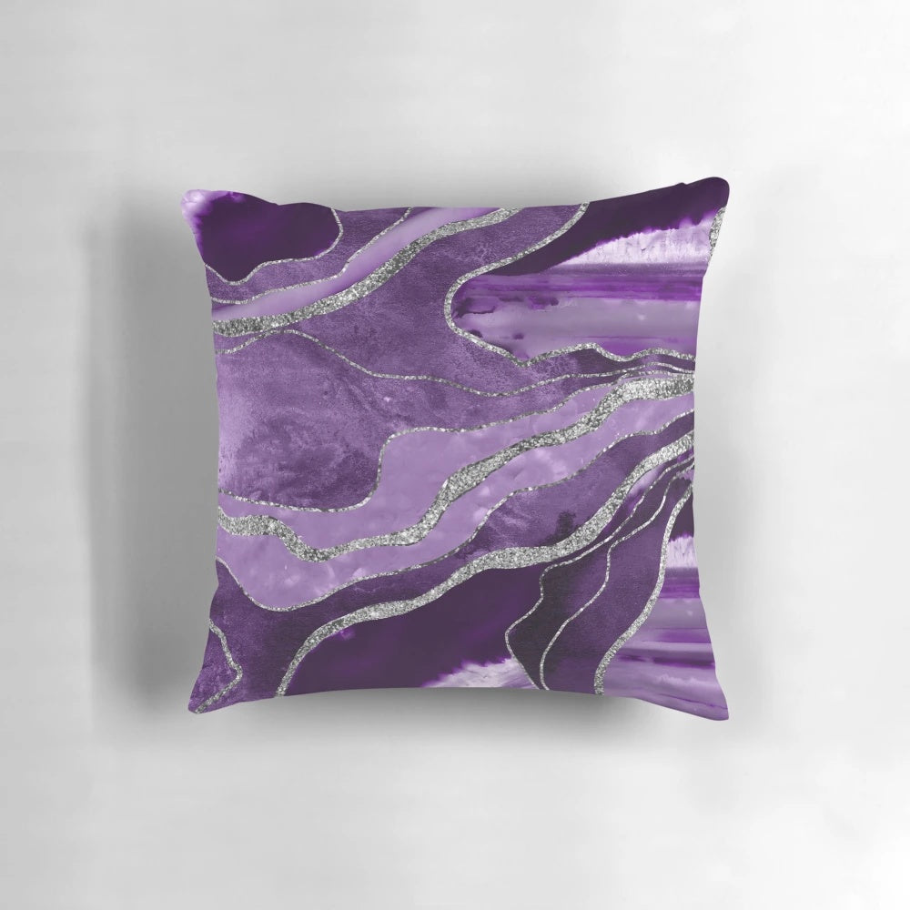 Purple and silver marble agate throw pillow with a glittery, abstract design