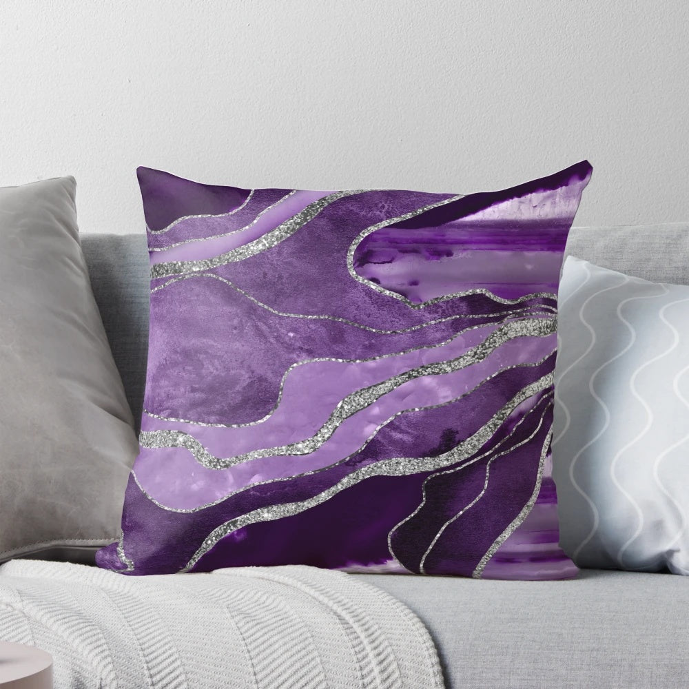Purple and silver marble agate throw pillow with a glittery, abstract design