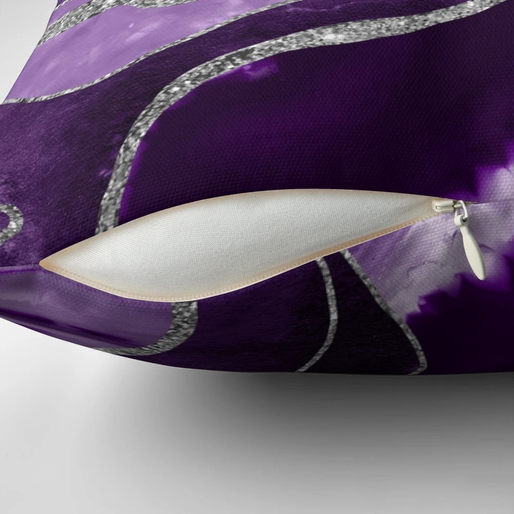Purple and silver marble agate throw pillow with a glittery, abstract design