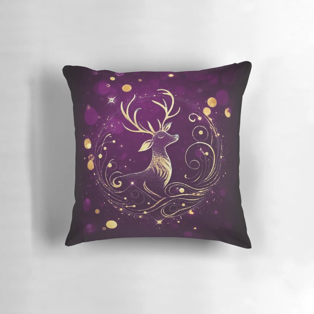 Luxurious purple and gold pillow with a swirling stag design, perfect for cozy winter and Christmas home styling.