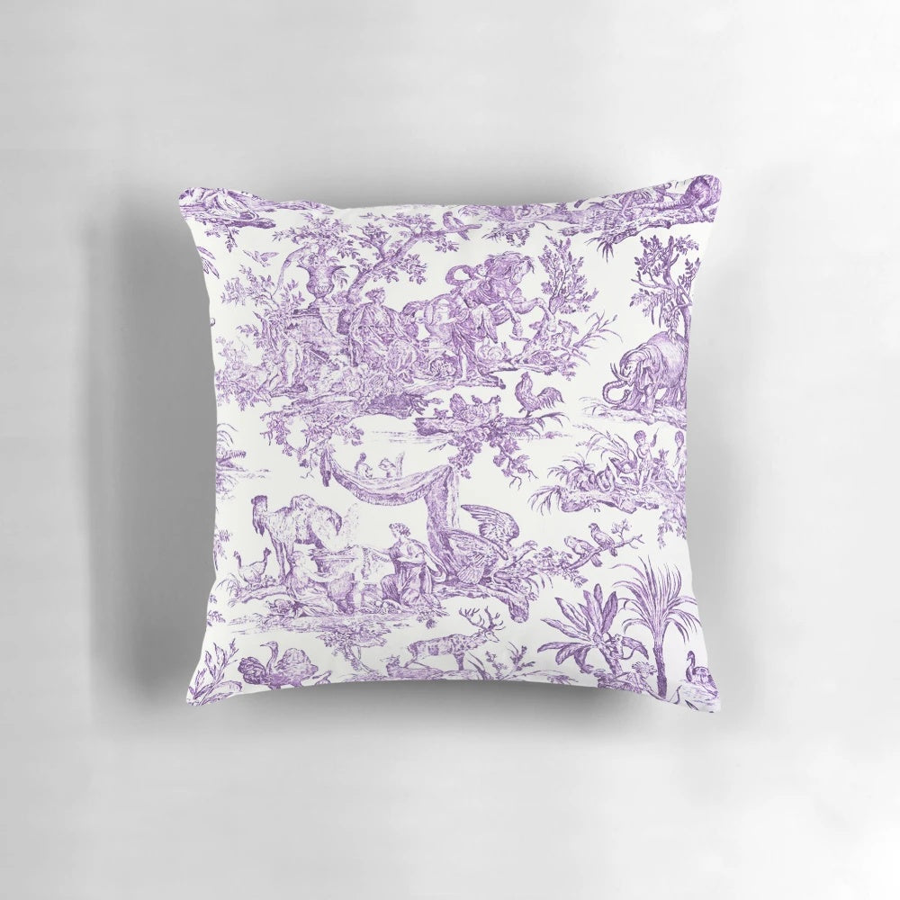 Elegant purple toile decorative throw pillow with French country or British style design