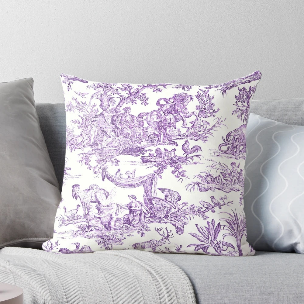 Elegant purple toile decorative throw pillow with French country or British style design