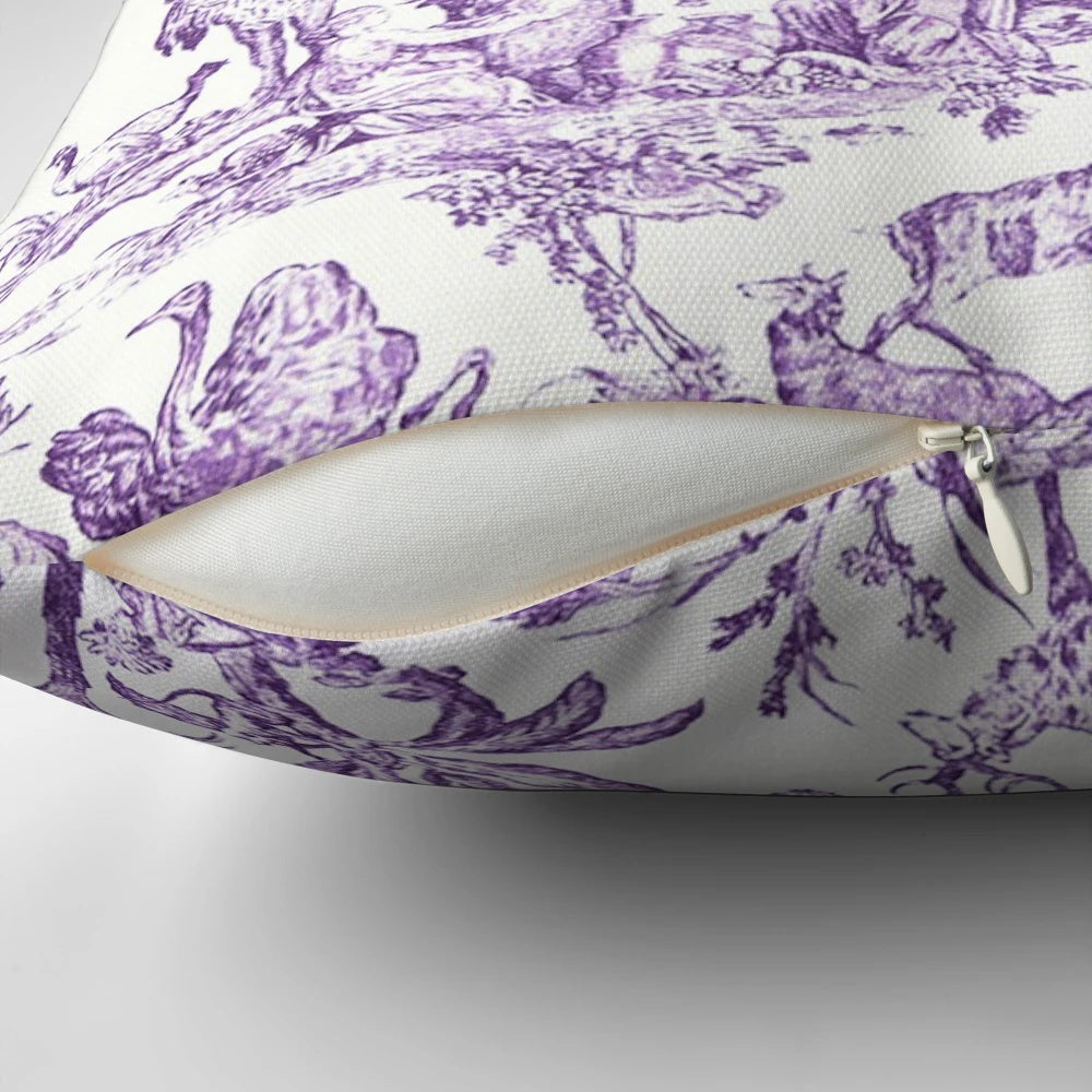 Elegant purple toile decorative throw pillow with French country or British style design