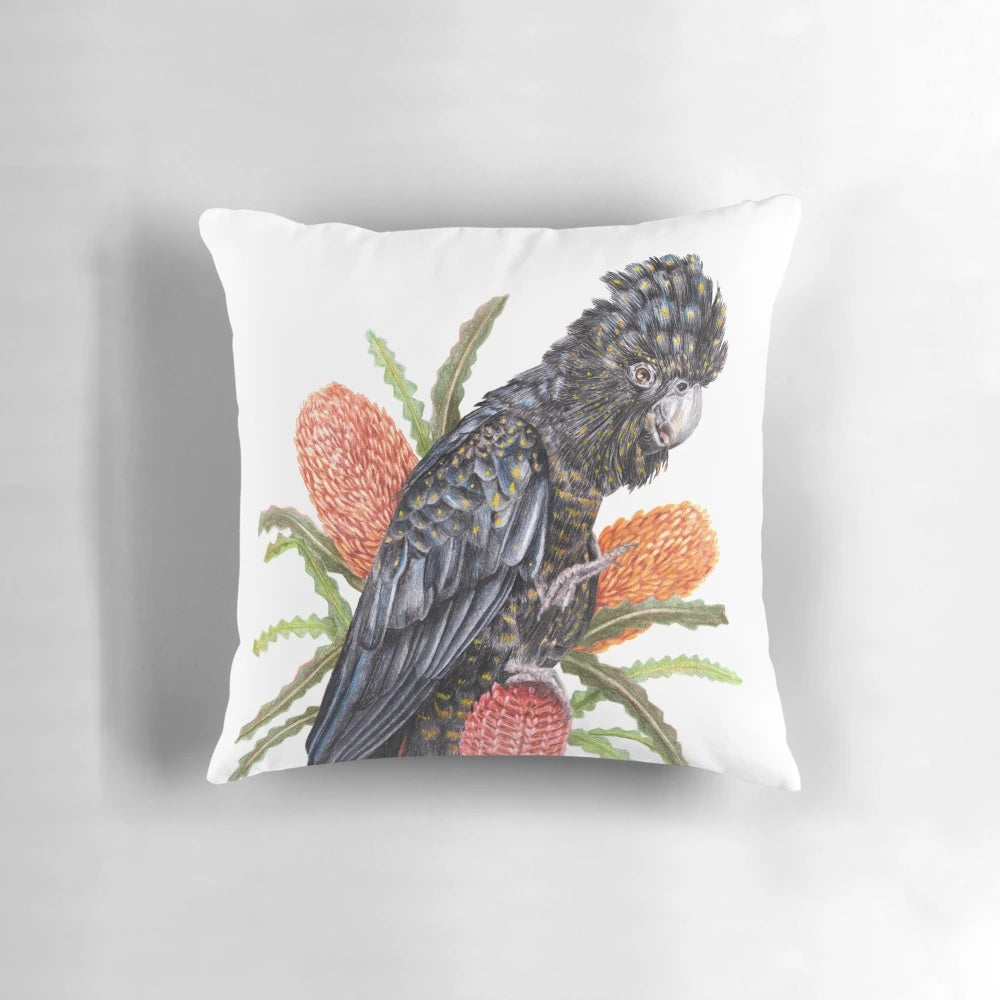 Vibrant red-tailed black cockatoo perched on Australian banksia flowers, designed for a stunning home accent.