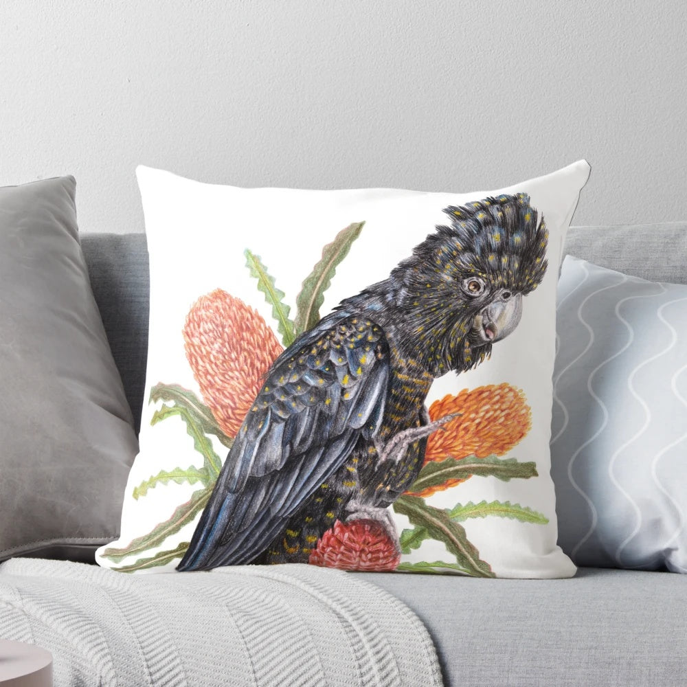 Vibrant red-tailed black cockatoo perched on Australian banksia flowers, designed for a stunning home accent.