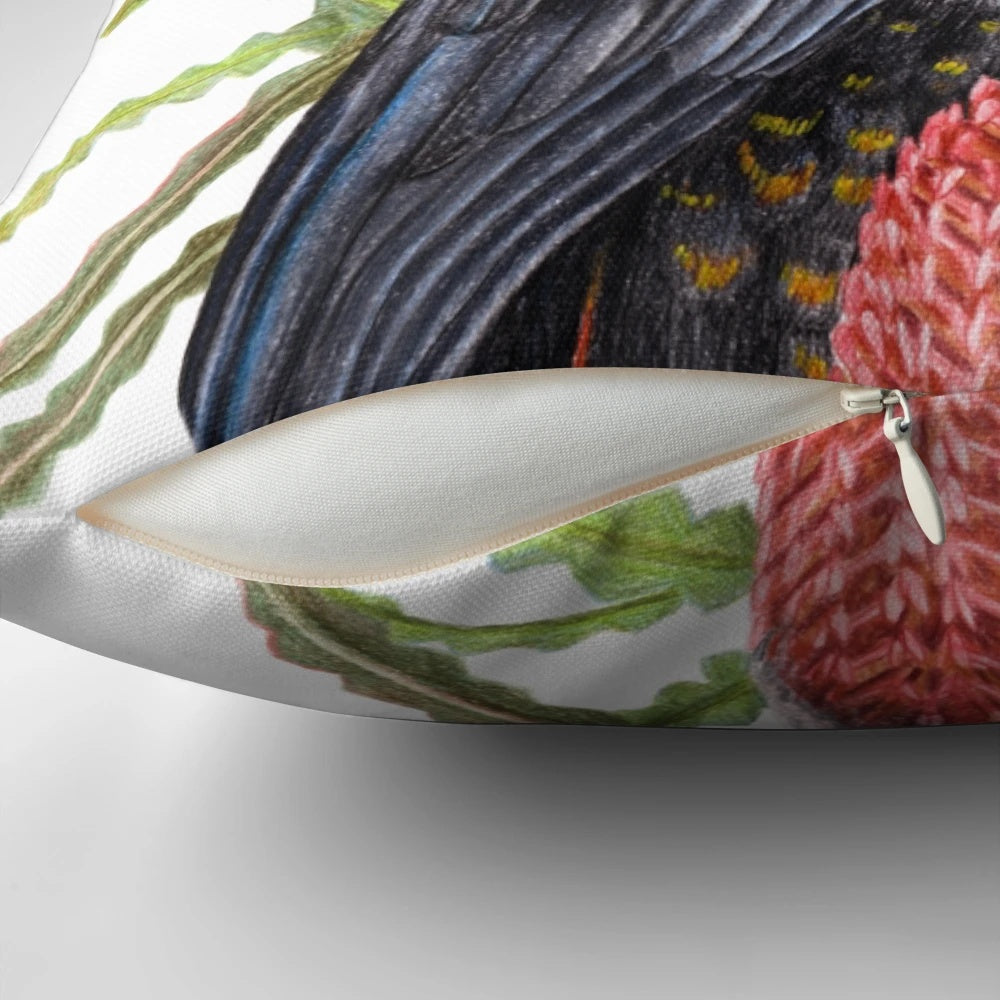 Vibrant red-tailed black cockatoo perched on Australian banksia flowers, designed for a stunning home accent.