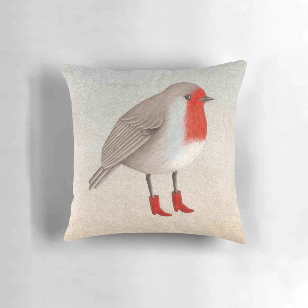 Vibrant tempera painting of a robin bird on a plush pillow for nature-inspired home decor