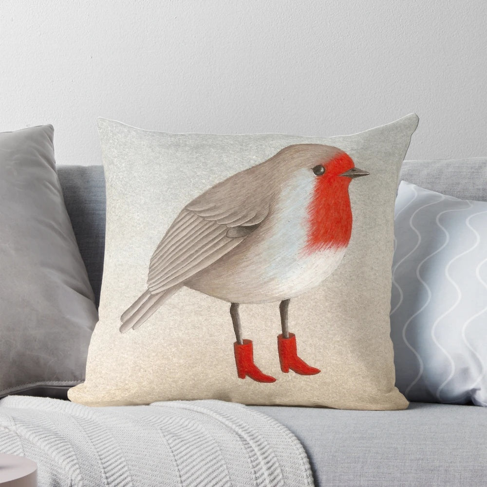 Vibrant tempera painting of a robin bird on a plush pillow for nature-inspired home decor