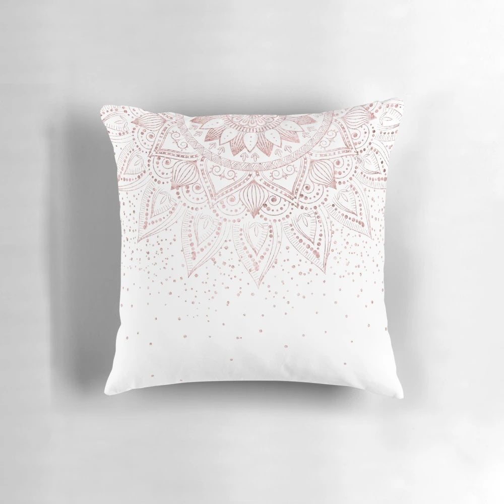 Rose gold mandala design decorative throw pillow with delicate, geometric patterns