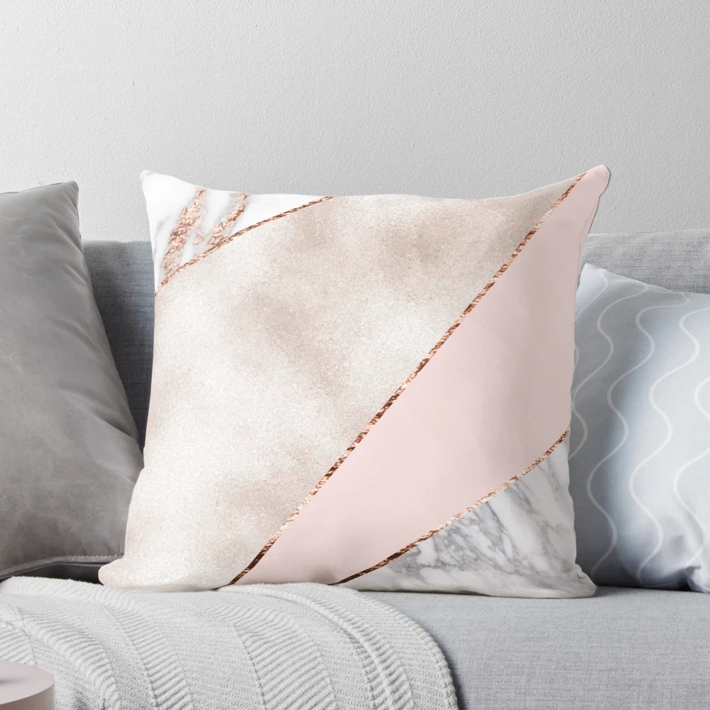 Rose gold marble decorative pillow cover with metallic accents