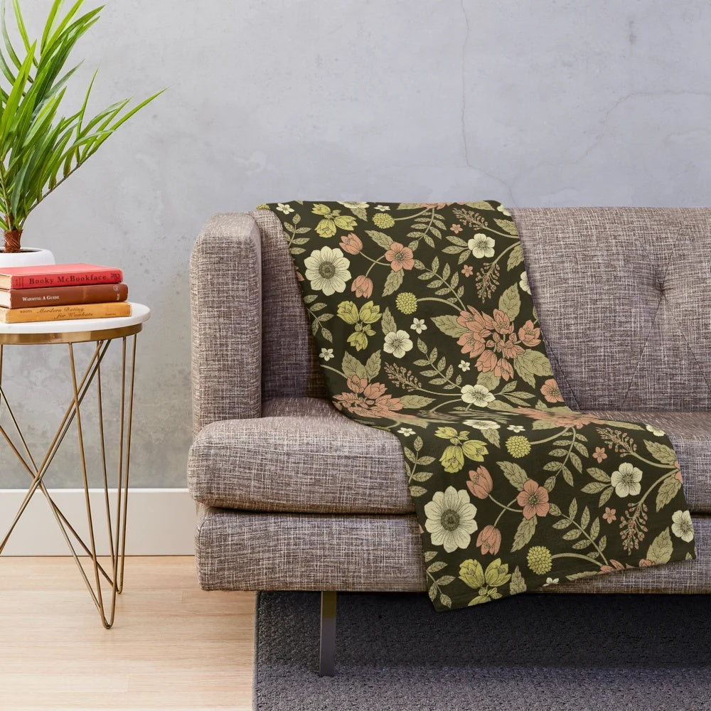 Sage, dark green, peach, and cream floral pattern plush blanket