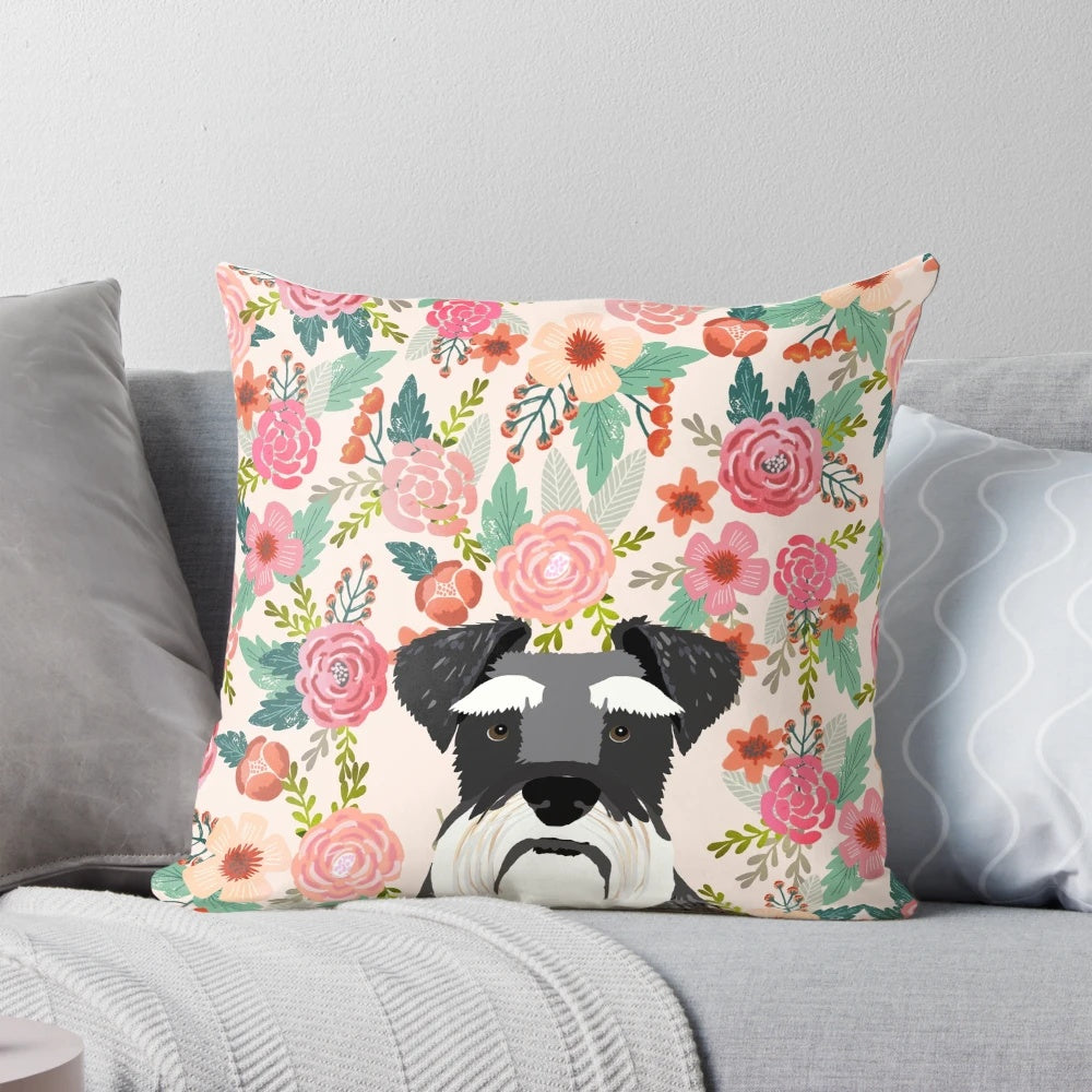 A beautiful floral-patterned throw pillow featuring the portrait of a Schnauzer dog.