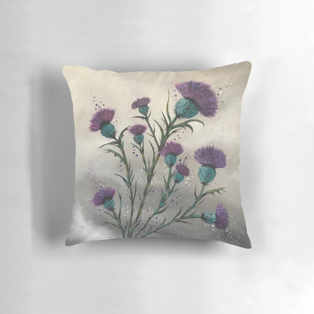A purple thistle flower pillow, the national flower of Scotland, for traditional and elegant home decor.