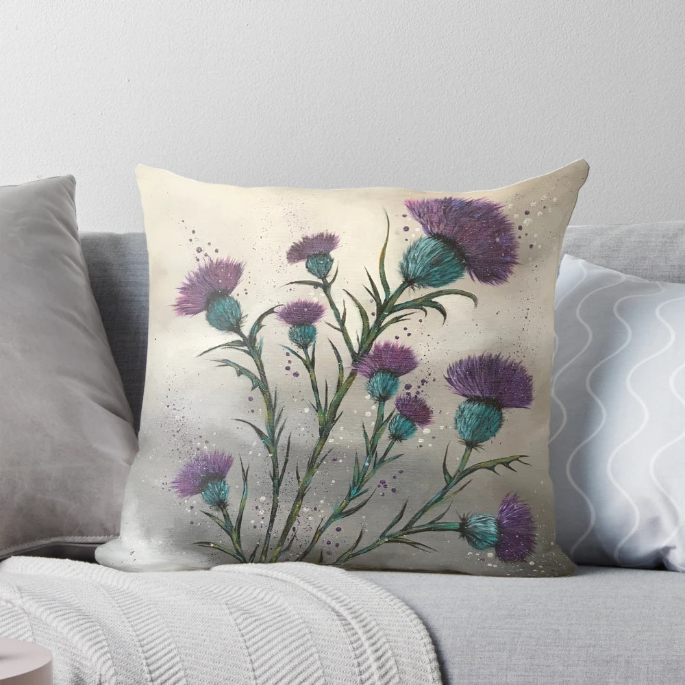A purple thistle flower pillow, the national flower of Scotland, for traditional and elegant home decor.