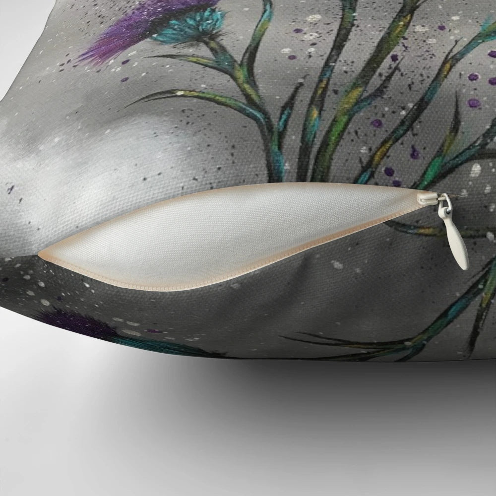 A purple thistle flower pillow, the national flower of Scotland, for traditional and elegant home decor.