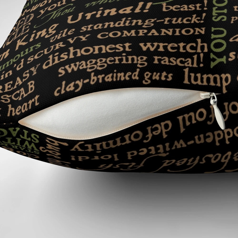Decorative throw pillow featuring a collection of Shakespeare's most iconic insults and clever quotes