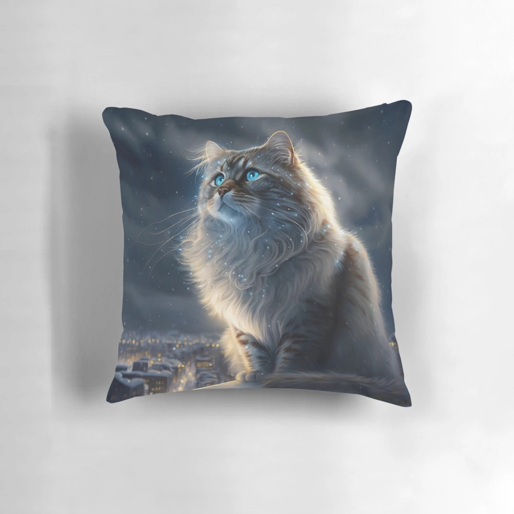 A beautiful portrait of a majestic Siberian cat printed on a soft, plush pillow for cozy home decor.