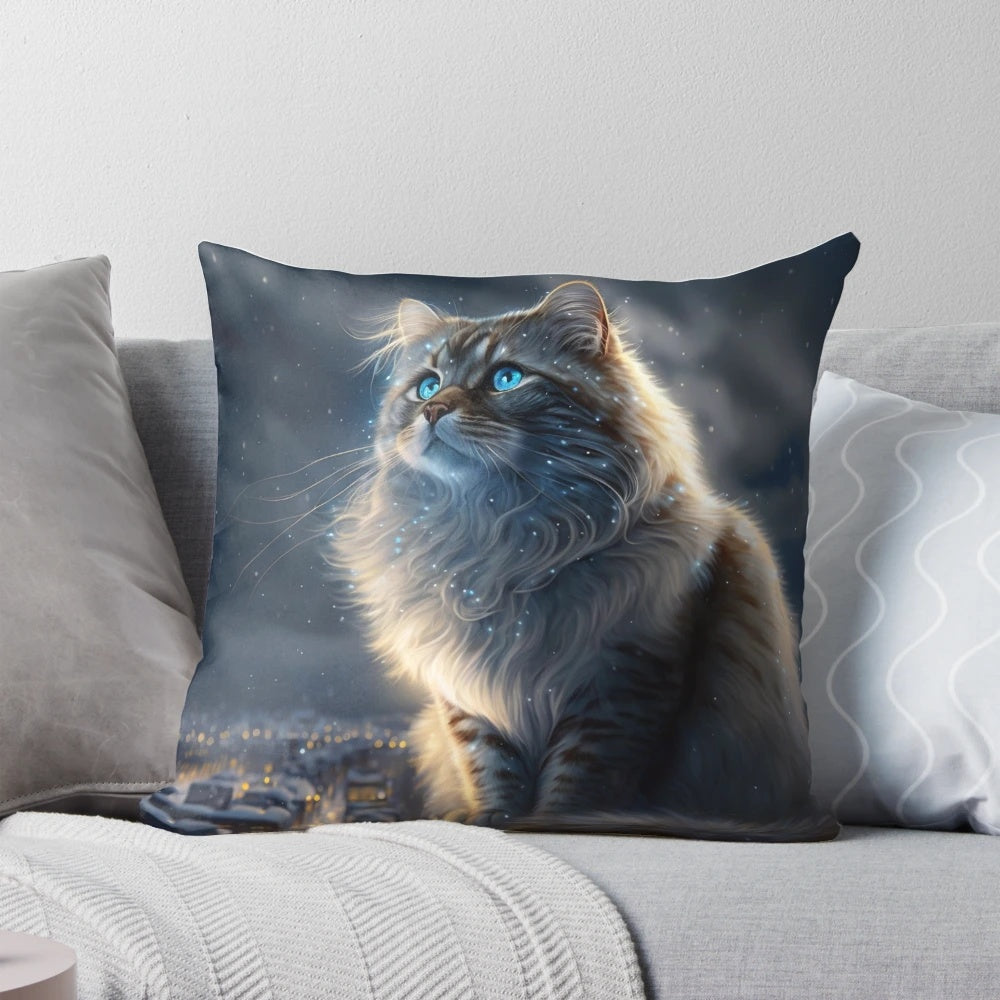 A beautiful portrait of a majestic Siberian cat printed on a soft, plush pillow for cozy home decor.