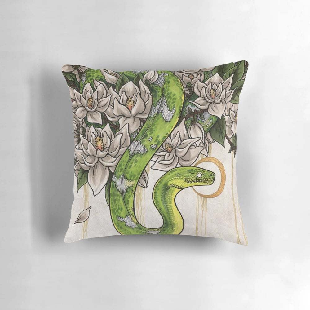 Soft, plush snake-shaped pillow with delicate magnolia flower design, ideal for adding a touch of Asian-inspired style to any room.
