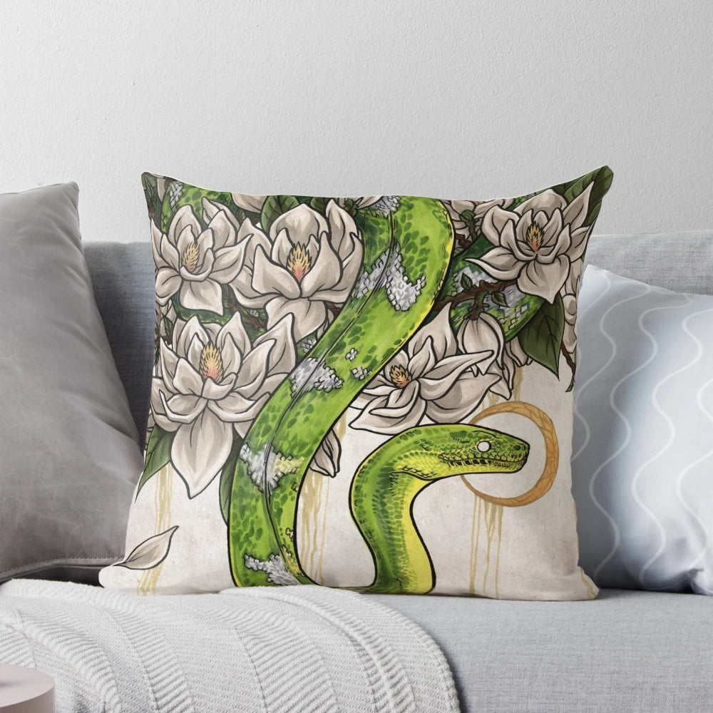 Soft, plush snake-shaped pillow with delicate magnolia flower design, ideal for adding a touch of Asian-inspired style to any room.
