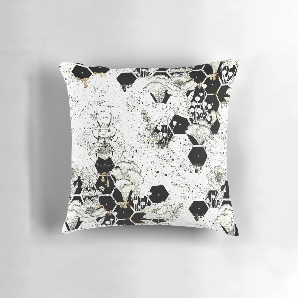 Stylish space bee-themed decorative throw pillow with intricate black linework and golden honeycomb design