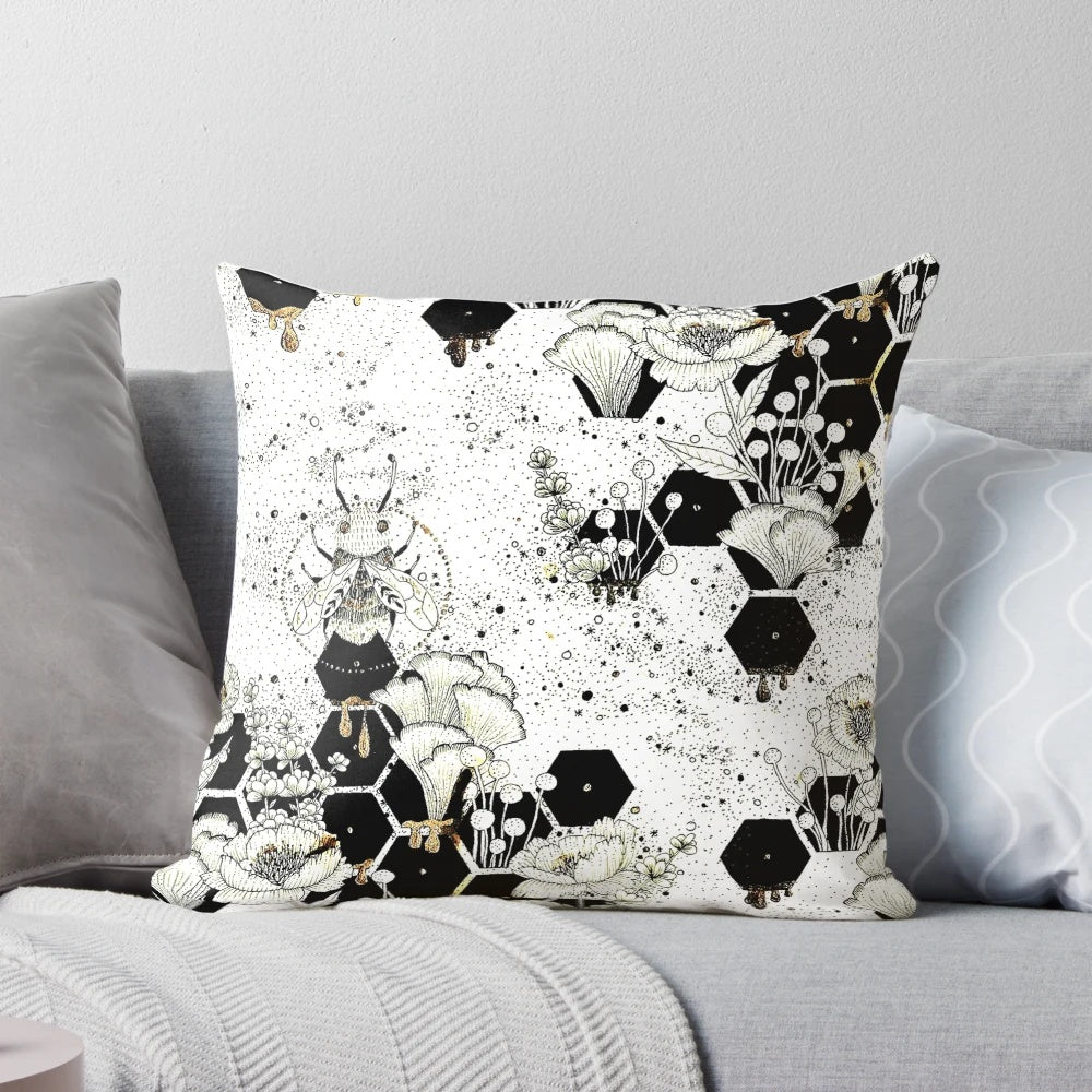 Stylish space bee-themed decorative throw pillow with intricate black linework and golden honeycomb design