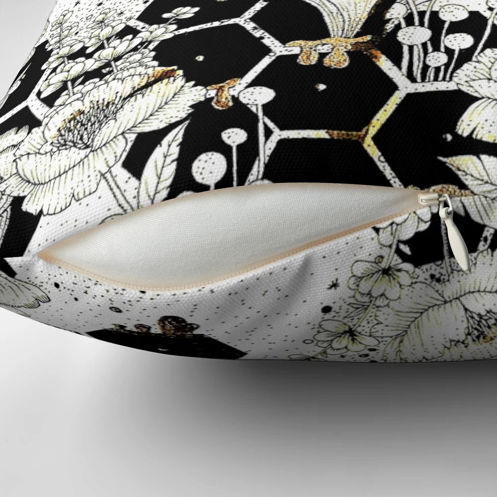 Stylish space bee-themed decorative throw pillow with intricate black linework and golden honeycomb design