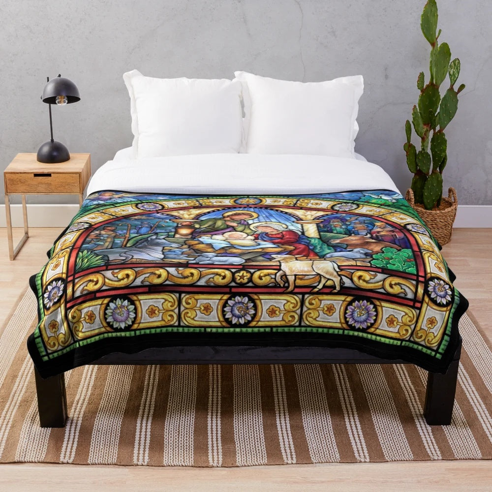Stained glass nativity scene plush blanket