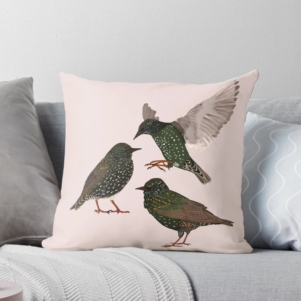 Decorative throw pillow featuring a beautiful starling bird silhouette design