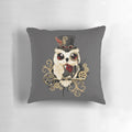A decorative throw pillow featuring a detailed steampunk-inspired owl design with gears, engines, and golden accents.