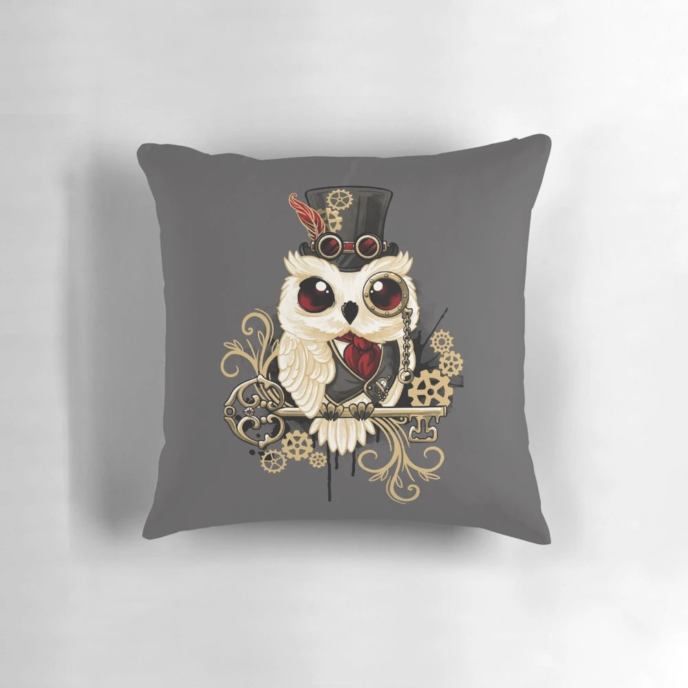 A decorative throw pillow featuring a detailed steampunk-inspired owl design with gears, engines, and golden accents.
