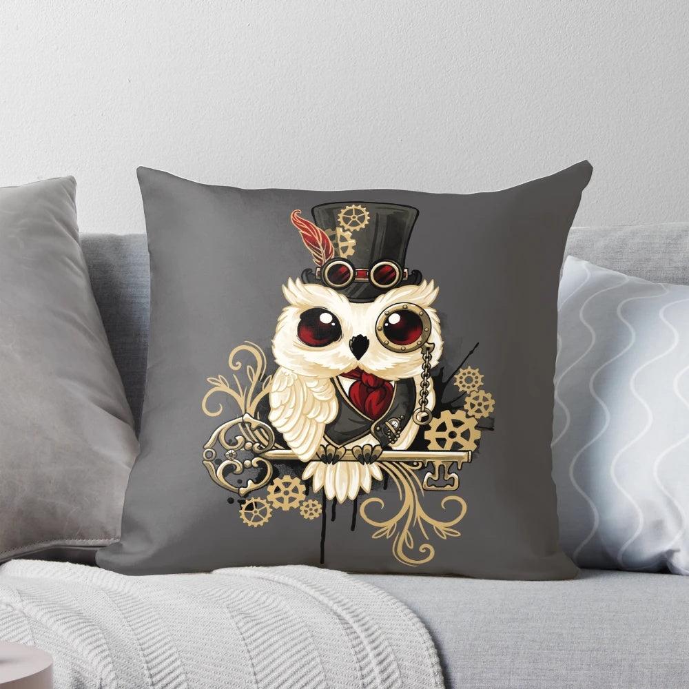 A decorative throw pillow featuring a detailed steampunk-inspired owl design with gears, engines, and golden accents.