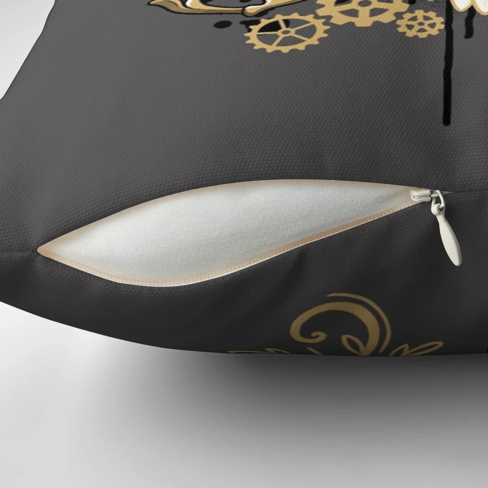 A decorative throw pillow featuring a detailed steampunk-inspired owl design with gears, engines, and golden accents.