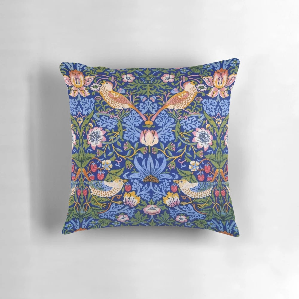 Decorative throw pillow featuring the iconic "Strawberry Thief" design by renowned Victorian artist William Morris
