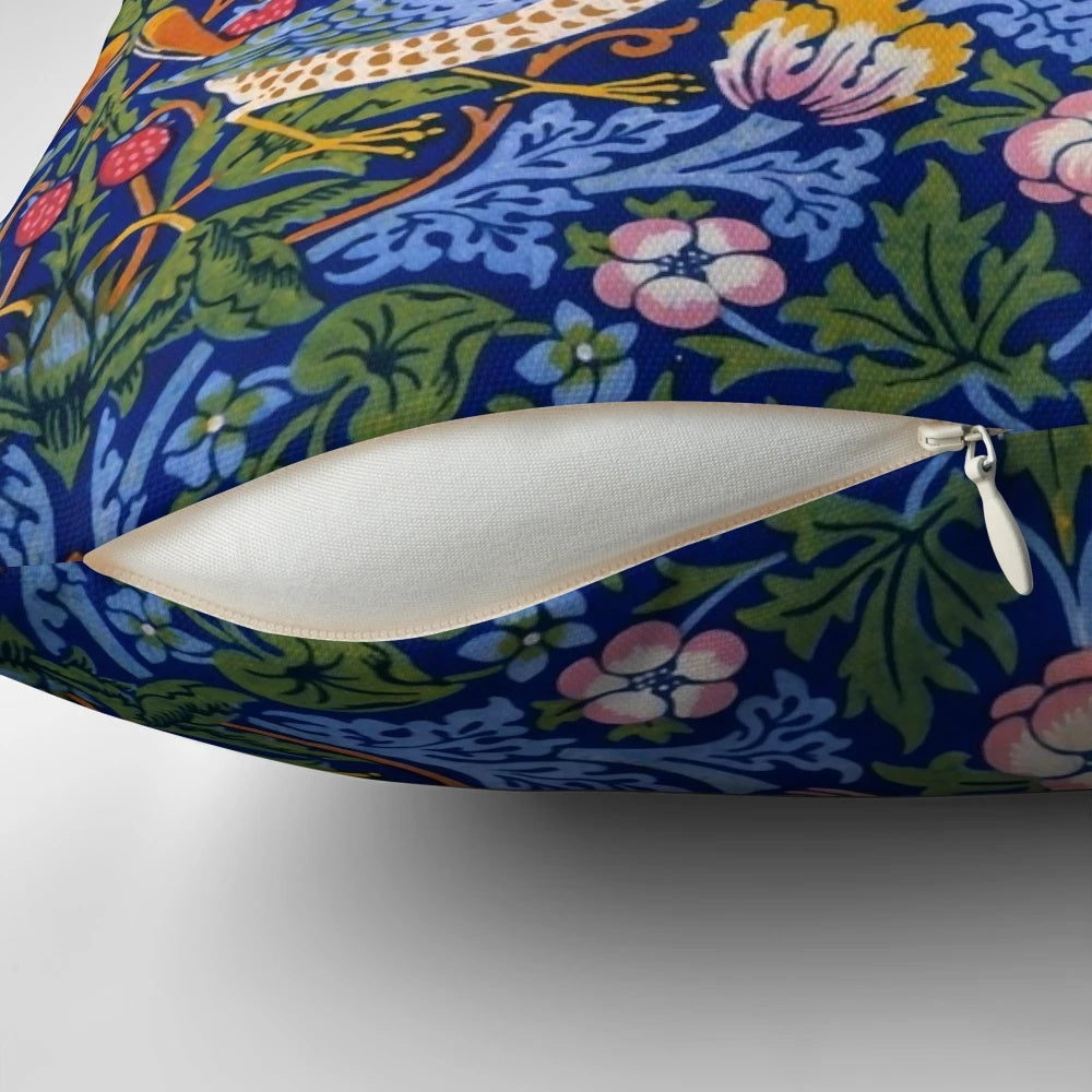 Decorative throw pillow featuring the iconic "Strawberry Thief" design by renowned Victorian artist William Morris