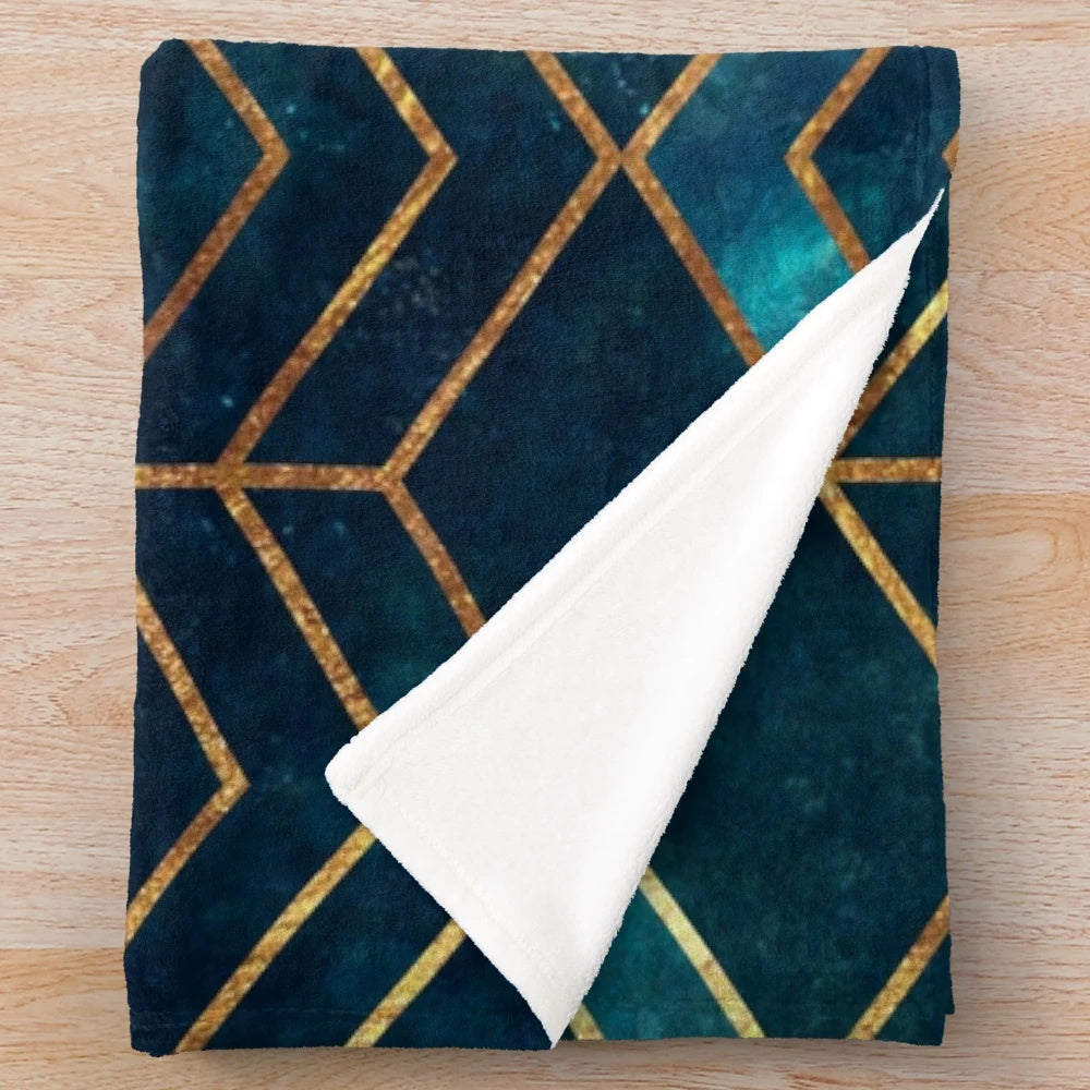 Teal and gold geometric pattern plush blanket