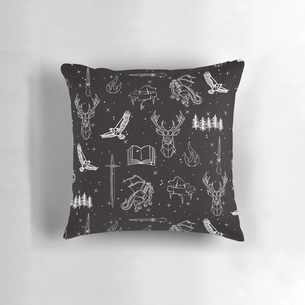 Throne of Glass Pattern Pillow featuring Aelin, Rowan, and other beloved characters from the YA fantasy book series.