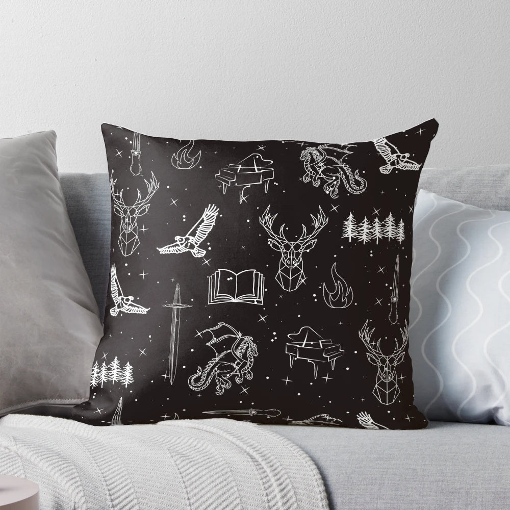 Throne of Glass Pattern Pillow featuring Aelin, Rowan, and other beloved characters from the YA fantasy book series.