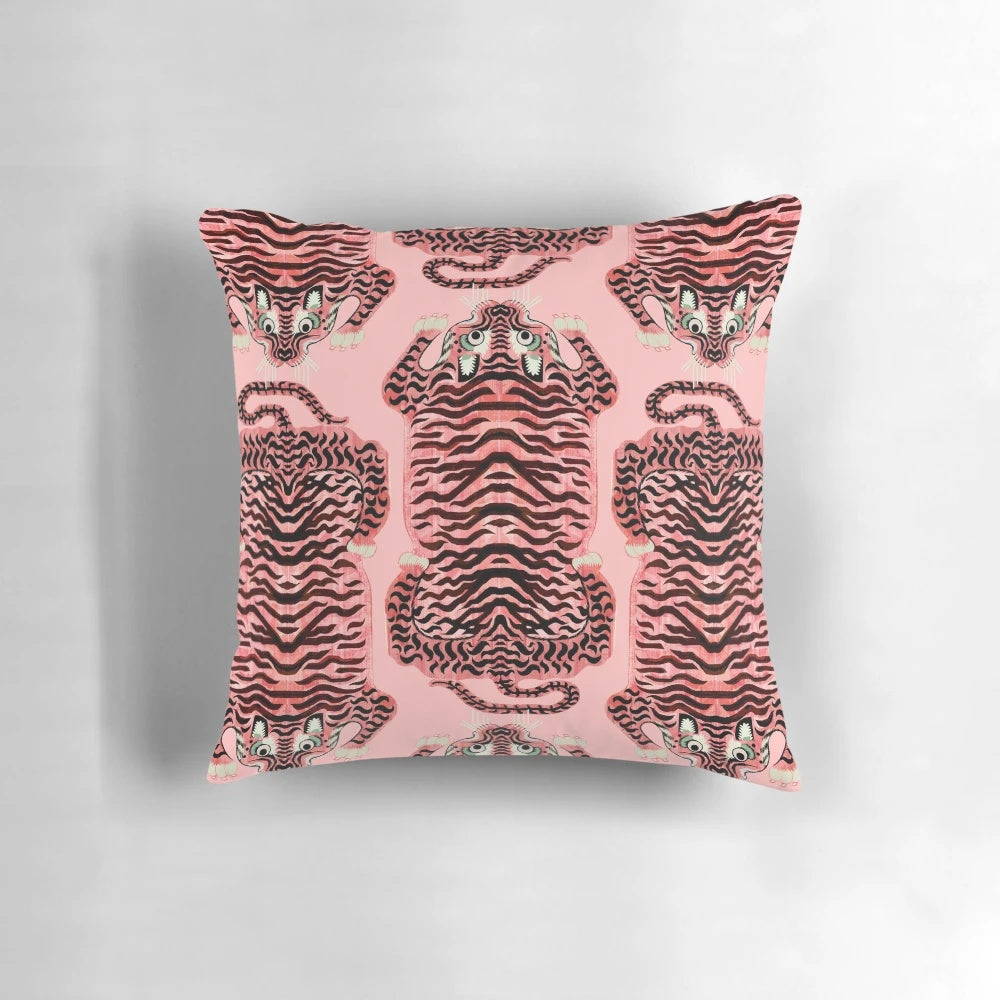 Pink and white Tibetan-style tiger rug print decorative throw pillow