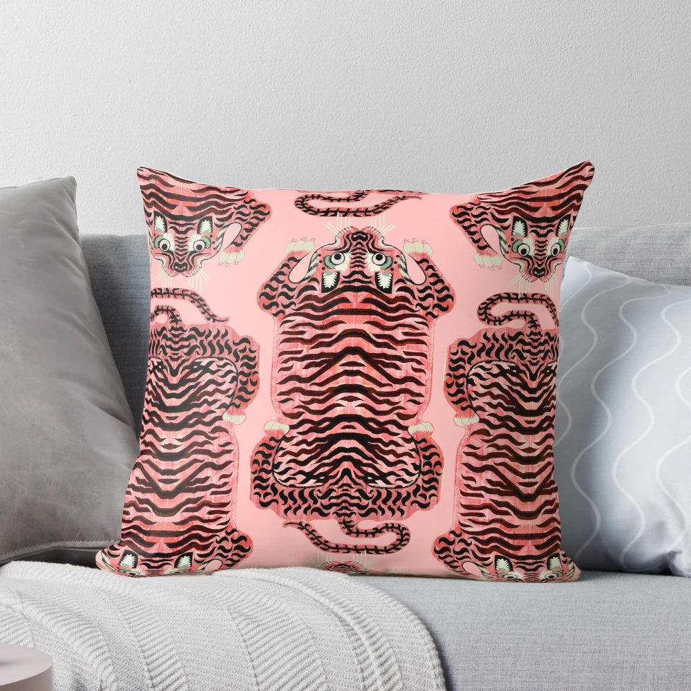 Pink and white Tibetan-style tiger rug print decorative throw pillow