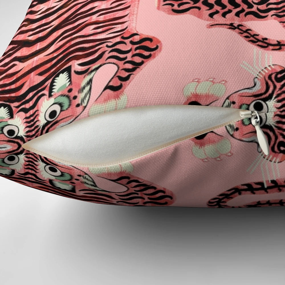 Pink and white Tibetan-style tiger rug print decorative throw pillow