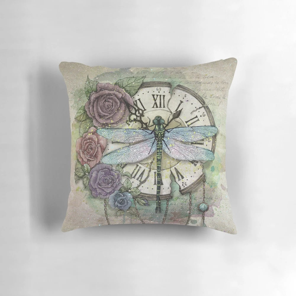 Decorative time flies pillow with dragonfly, rose, and nature-inspired design
