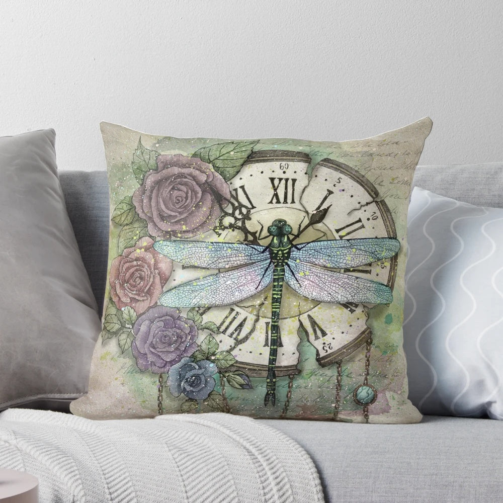 Decorative time flies pillow with dragonfly, rose, and nature-inspired design