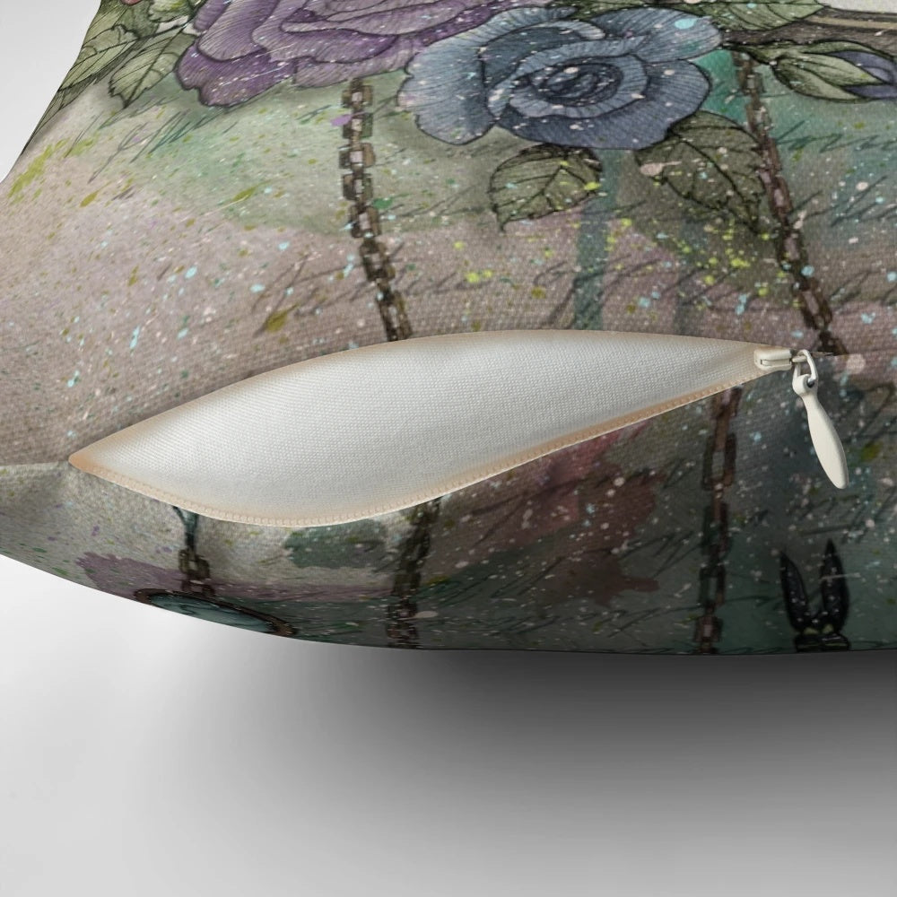 Decorative time flies pillow with dragonfly, rose, and nature-inspired design