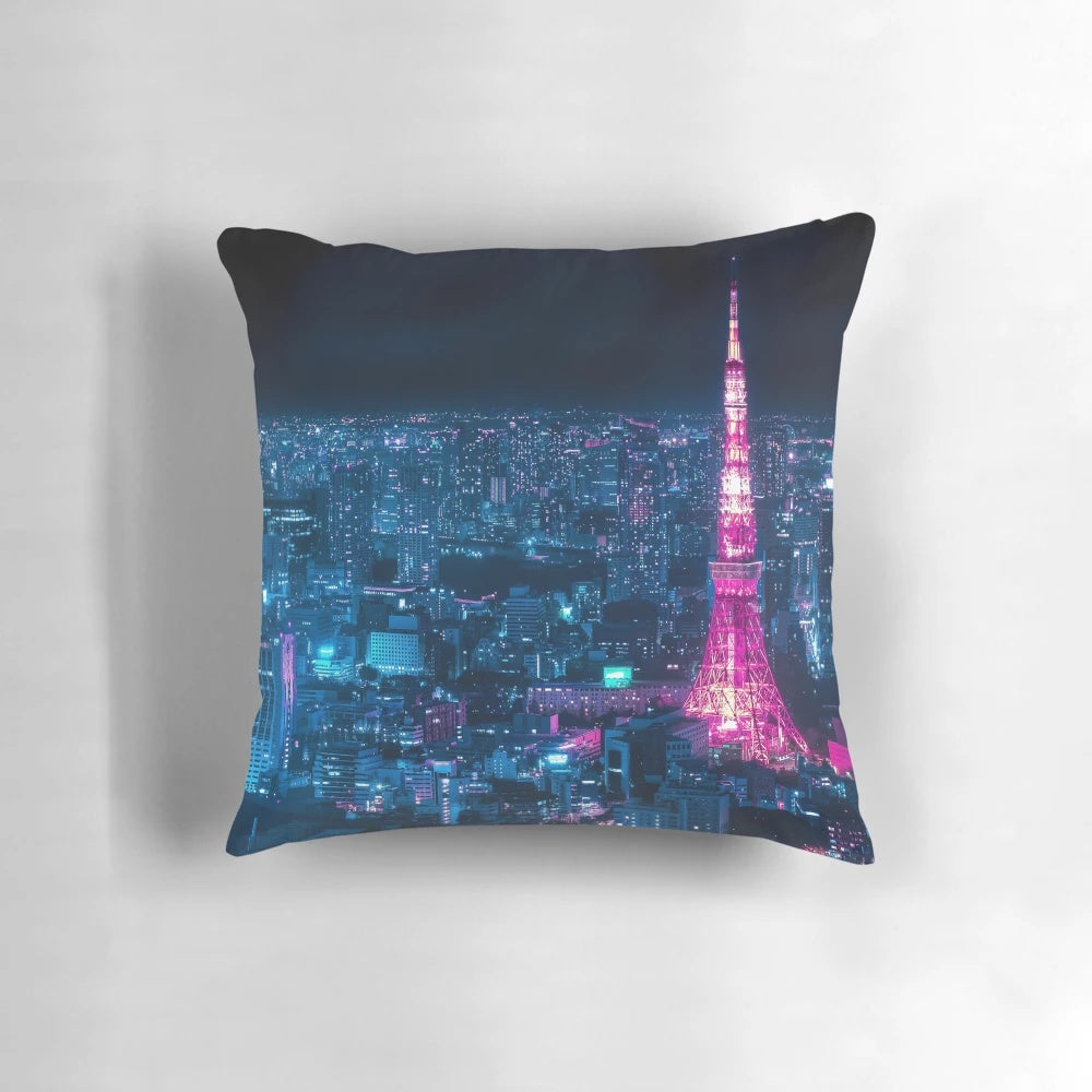 Tokyo Tower Pillow, featuring a vibrant, cyberpunk-inspired design with neon lights and urban elements.