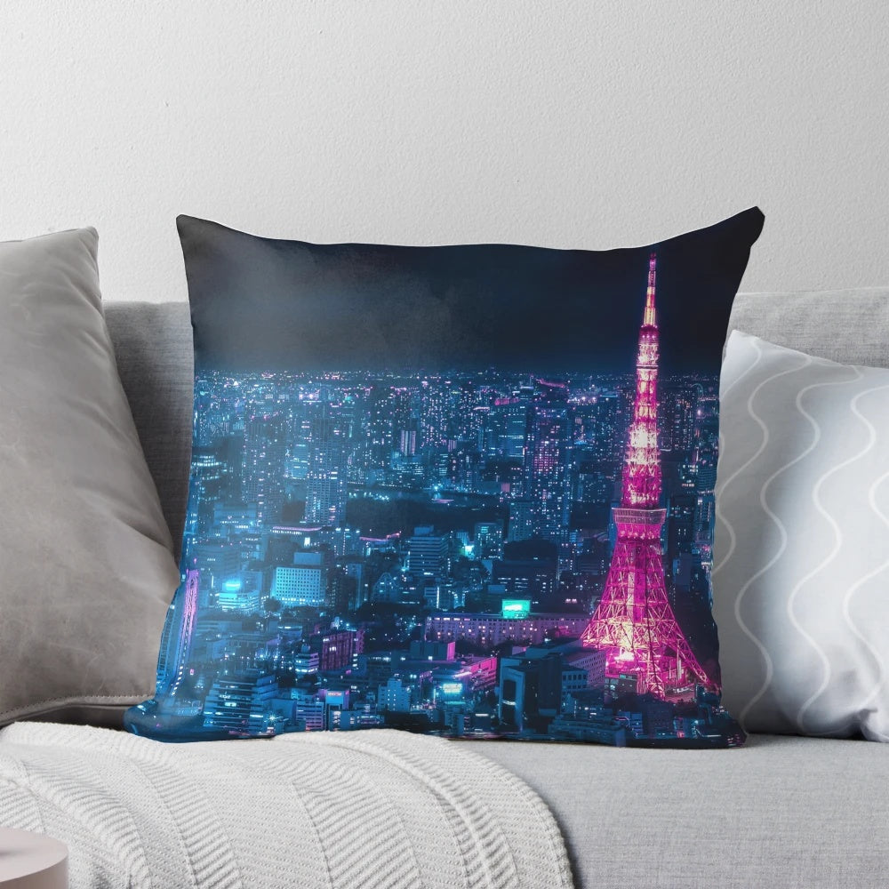 Tokyo Tower Pillow, featuring a vibrant, cyberpunk-inspired design with neon lights and urban elements.
