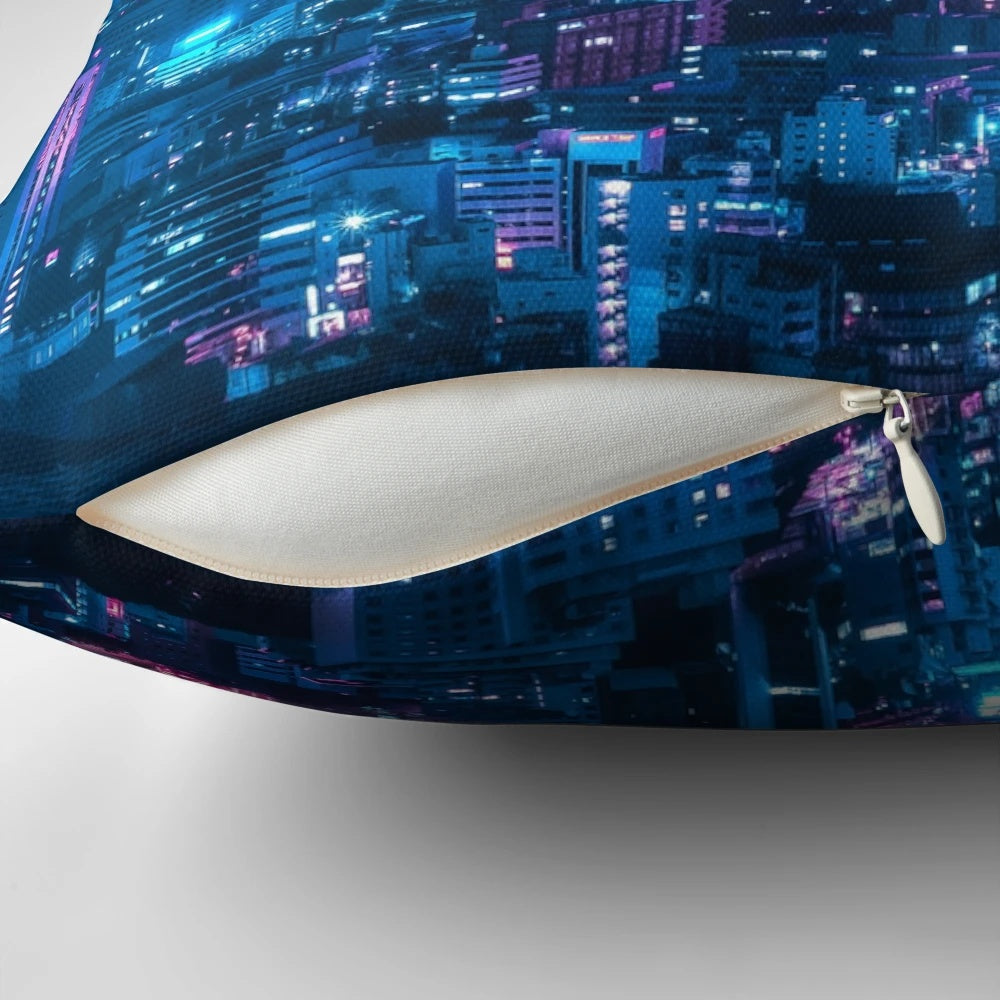 Tokyo Tower Pillow, featuring a vibrant, cyberpunk-inspired design with neon lights and urban elements.